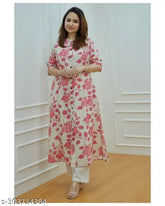 Printed cotton A-line kurti, three-quarter sleeves, fashionable Princess cut on model